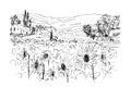 Black and white sketch by pen on a white background. Hilly landscape in Provence. Sunflower field, rural buildings among cypresses